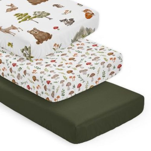 Sweet Jojo Designs Boy, Girl, Unisex/Gender Neutral Fitted Crib Sheets Watercolor Woodland Forest Animals Orange Green and Brown 3pc