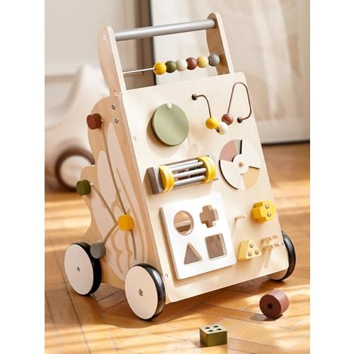 VBABY Wooden Baby Walker, Baby Push Walker for Boys and Girls, Adjustable Speed Montessori Activity Center Push Toy for 1 Year Old
