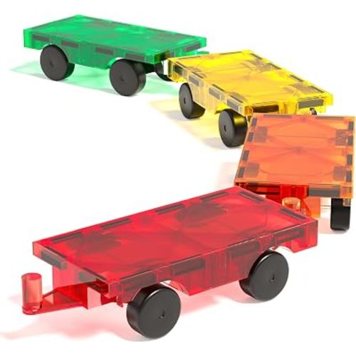 Magnetic Tiles Car Building Kit for Toddlers, 4 PCS Magnet Construction Trucks, STEM Toys for 3-8 Year Old Boys Girls, Educational Vehicle Engineering Set