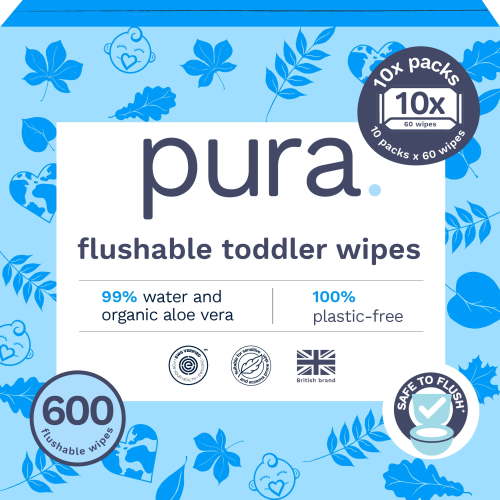 Pura Flushable Toddler Wipes Fragrance Free EWG Verified Plastic Free , 600ct (Choose Your Count)