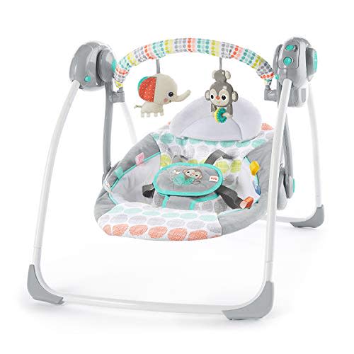 Bright Starts Portable Automatic 6-Speed Baby Swing with Adaptable Speed, Taggies, Music, Removable-Toy-Bar, 0-9 Months 6-20 lbs (Whimsical Wild)