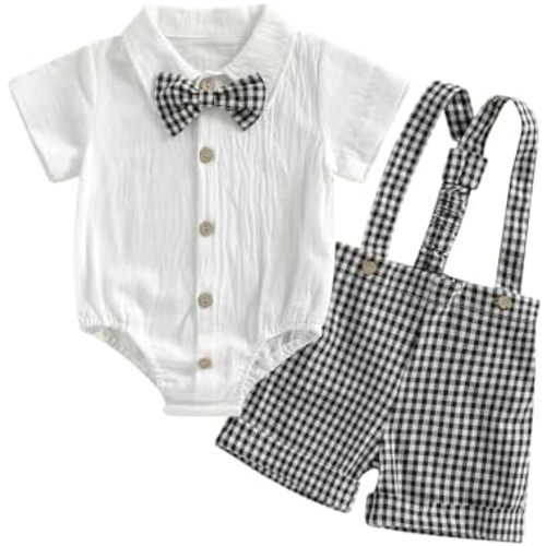 Baby Boy Clothes Set Infant Bow Tie Button Down Shirt Bodysuit Top Striped/Plaid Shorts 2Pcs Summer Outfit
