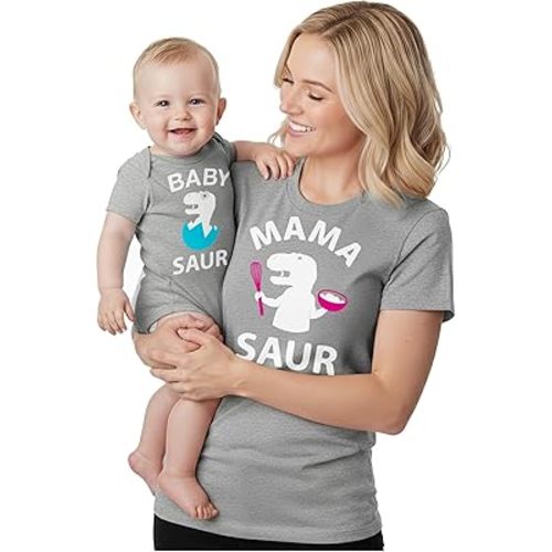 Tstars Mama and Baby Saur Matching Outfit Set - Mom Shirt and Bodysuit Gift for Baby Shower or Mother's Day