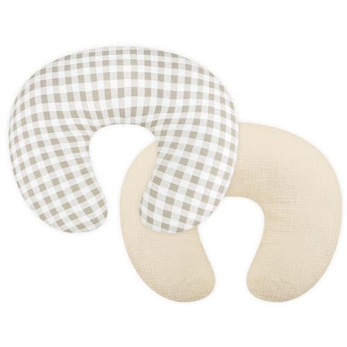 DILIMI Muslin Nursing Pillow Cover 2 Pack, Removable Nursing Cover for Breastfeeding Pillows, Ultra Soft Comfortable Slipcover for Baby Girl and Boy, Beige and Khaki Checkered