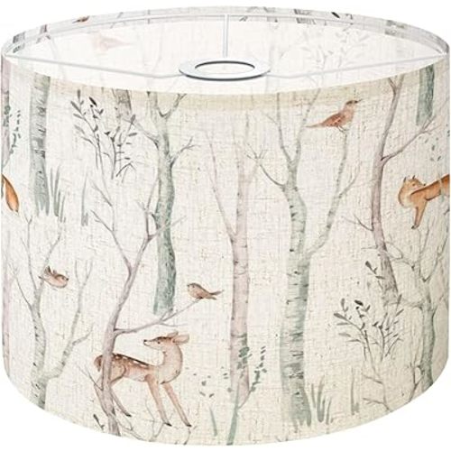 Boho Drum Lamp Shades - 11" x 11" x 8.9" Watercolor animals seamless pattern Fabric forest baby deer Owl fox Replacement Natural Linen Lampshades for Table Lamps, Floor Lamps Easy Assembly