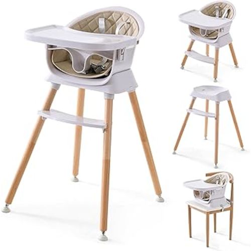 6-in-1 Wooden Baby High Chair, Booster Seat, Hrusitoo Convertible Baby High Chairs for Babies and Toddlers with Adjustable Heights and Removable Dishwasher-Safe Tray