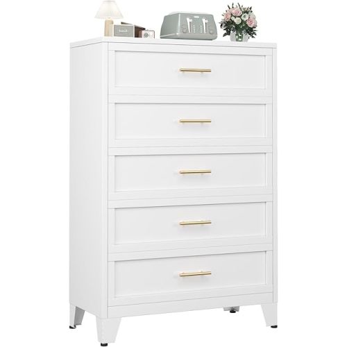 Metal Dresser Tall White Dresser for Bedroom Chest,53.54" H White Drawer Chest, Closet Dressers & Chests of Drawers for Living Room, Hallway (5 Drawers)