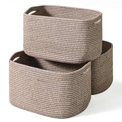ICERZCZ Storage Baskets for Organizing Shelves, Woven Cotton Rope Bins for Baby Nursery Organization, Book Toy Towel Organizer, 15"x11"x9.5", 3 Packs, Dark Brown