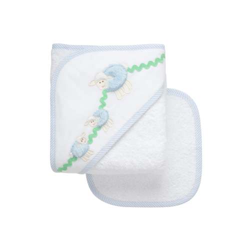 Lamb Applique Hooded Towel & Washcloth Set, Blue