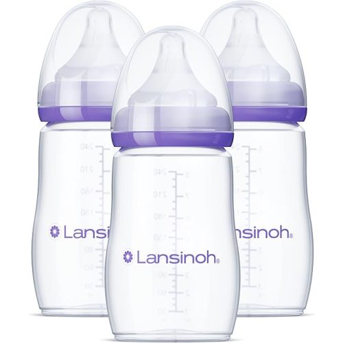 Lansinoh Anti-Colic Baby Bottles for Breastfeeding Babies, 8 Ounces, 3 Count, Includes 3 Medium Flow Nipples, Size M