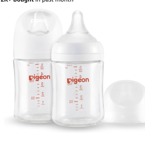 Pigeon Glass Nursing Bottle Wide Neck, Anti-Colic, Streamlined Body, Natural Feel, Easy to Clean, Heat-Resistant, 5.4 Oz (Pack of 2), Includes 2pcs SS Nipples (0m+)