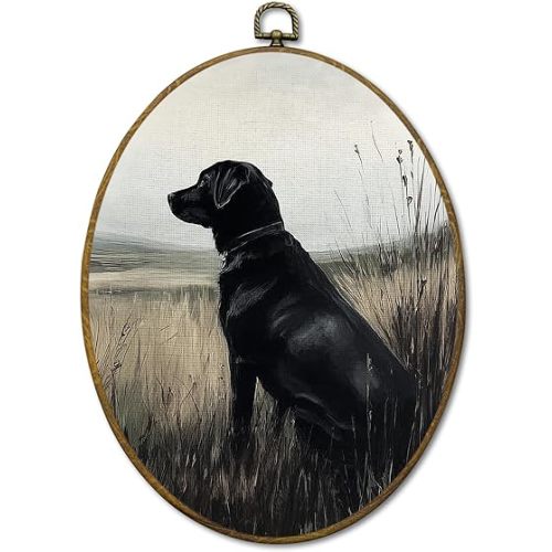Vintage Black Labrador Dog Wall Art Decor, Rustic Farmhouse Black Lab Hunting Framed Canvas Prints 8.6x11.4, Labrador Retriever Gifts Oval Wall Hanging Artwork Decorations for Home Bedroom