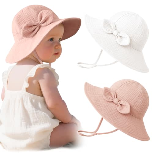 Konssy Muslin Baby Sun Hat 2-Pack, UPF 50+ Sun Protection Wide Brim Summer Beach Hat, Bucket Hat for Girls and Boys