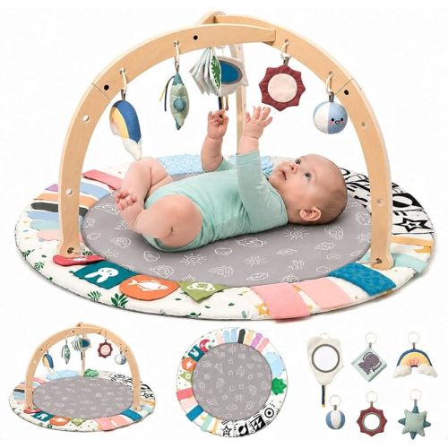Baby Play Gym Mat with 5 Development Zones, Montessori Tummy Time Mat with 6 Detachable Sensory Toys for Motor Skills Development, Newborn Activity Gym for Babies, Easy Clean, Baby Essentials Gift