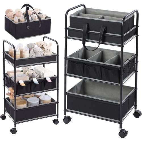 2in1 Baby Diaper Caddy Organizer Cart 3 Tier Large Capacity Metal Utility Bedside Rolling Cart with Divider for Newborn Nursery Essential Must Have for Crib Bedroom Baby Shower(Black)