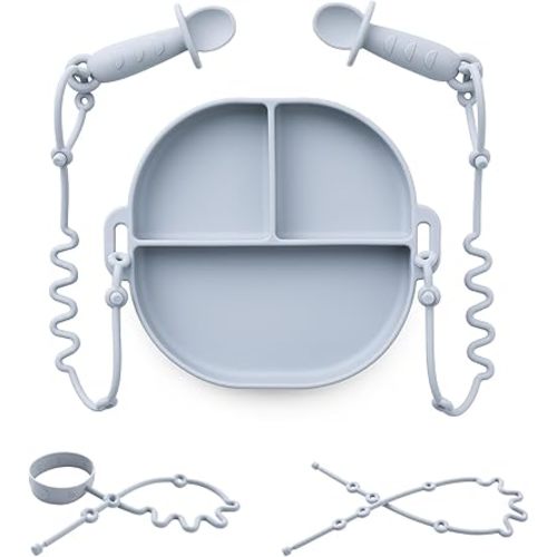 Andy Bear Silicone Plates for Babies with Suction Divided Baby Spoons Silicone Baby Toy Straps All-in-one Plates Silicone Placemat for Babies Toddlers Attachable Tethers & Built-in Suction Cups-Blue