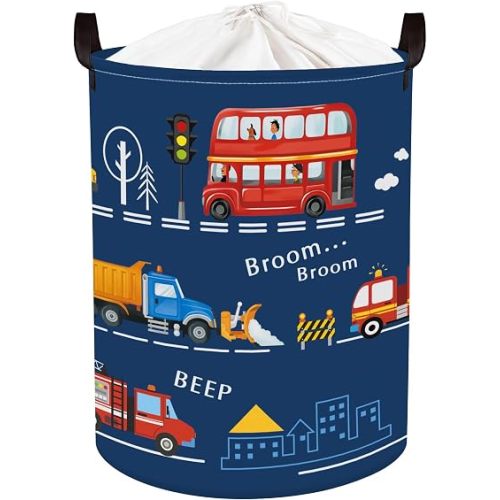 Cars Laundry Hamper Cartoon Vehicle Large Storage Basket Collapsible Parents Organizer Boy Toy Clothes Bins for Bedroom, Bathroom, City Bus, 63L