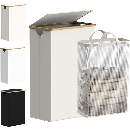 efluky Slim Laundry Basket with Lid, Narrow Laundry Hamper with Removable Bag, Skinny Dirty Clothes Basket with Bamboo Handles for Bathroom, Bedroom & Laundry Room, 75L Beige