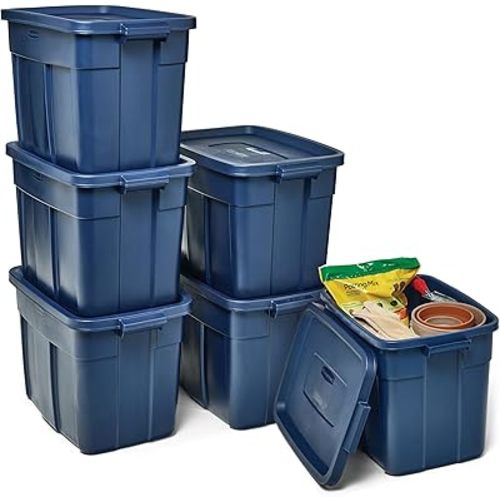 Rubbermaid Roughneck Tote 18 Gal, 6 Pack, Made in USA, Dark Indigo Metallic, Rugged Plastic Stackable Storage Bins with Lids and Handles