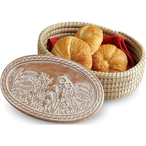 Bread Warmer Basket with Stone - Bread Baskets for Serving Rolls Warming Tortilla, Gift for Bakers Sourdough, Hostess Gifts New Home, Mom Dad Birthday