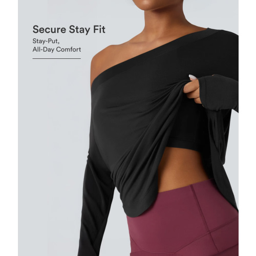 Women’s One Shoulder Long Sleeve Thumb Hole Curved Hem High Low Quick Dry Yoga Sports Top-Built-in Bra - Halara