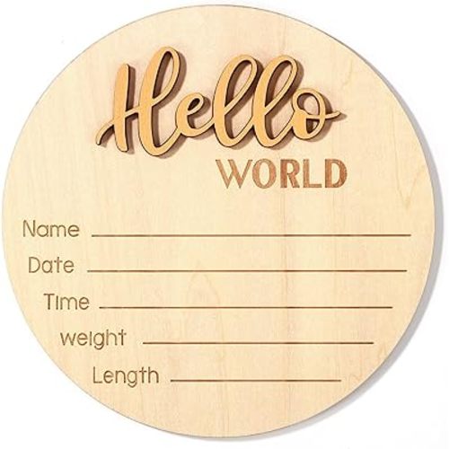 Newborn Announcement Sign, 5.9in Wooden Hello World Baby Welcome Sign Birth Plaques for Newborn Girls Boys Photo Props Baby Shower Hospital Nursery (Gold)