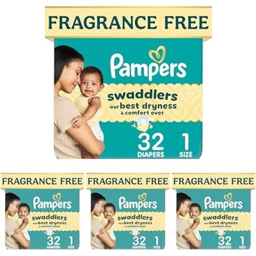 Pampers Swaddlers Diapers, Size 1 (8-14 lbs), 32 Count, Fragrance Free, Hypoallergenic, Absorbent, Pediatrician Recommended, Skin Safe (Pack of 4)