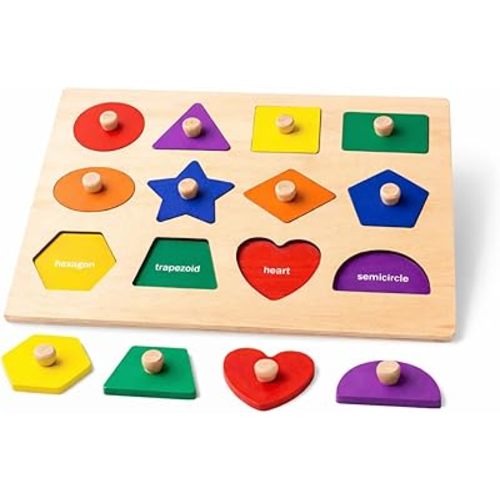 Wooden Shape Peg Puzzle Board, Educational Geometric Learning Board with Knobs, Multicolor Basic Shapes
