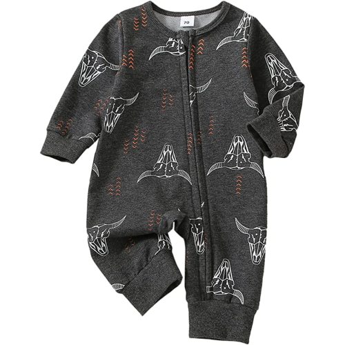 Omkzanbi Western Baby Boy Clothes Newborn Cowboy Jumpsuit Cow Printed Onesie Long Sleeve Bodysuit Fall Winter Outfit - Western Onesie Cow Printed - 0-3 Months
