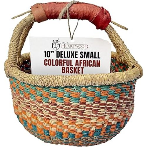Africa Heartwood Project - Deluxe Colorful African Basket with Leather Handles - Handmade from dried Elephant Grass, Hand-Woven by Women in Bolgatanga, Ghana - Small 10" Round (Flat-packed)