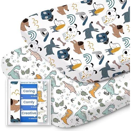 Bassinet Sheets for Baby Boy Girl, TotBasic Buttery Soft Universal Bassinet Fitted Sheet, Compatible with Halo, Mika Micky, Baby Delight, Dream On Me, Maxi COSI and More Bassinet Mattress(Dino&Puppy)