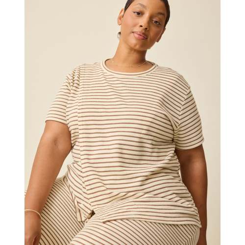 Luxe Terry Maternity & Nursing Split Hem T-shirt | Ivory & Chocolate Stripe – Kindred Bravely