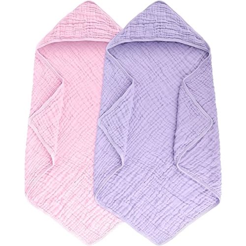 Synrroe 2 Pack Hooded Muslin Cotton Baby Towels, 32x32Inch, Pink & Purple