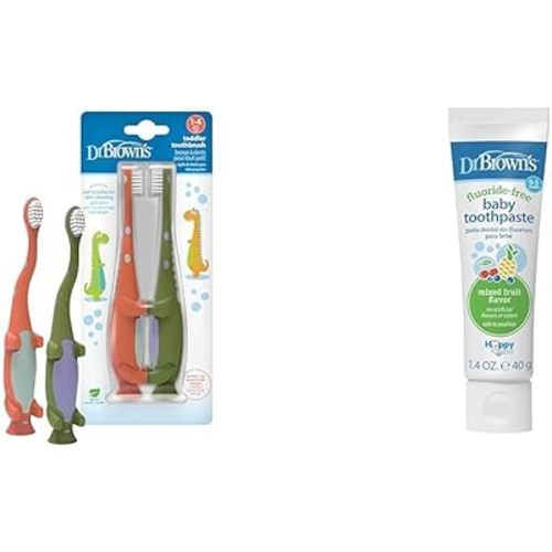 Dr. Brown's Baby and Toddler Toothbrush, Green and Orange Dinosaur 2-Pack, 1-4 Years & Fluoride-Free Baby Toothpaste,Infant & Toddler Oral Care,Mixed Fruit,1-Pack,1.4oz/40g