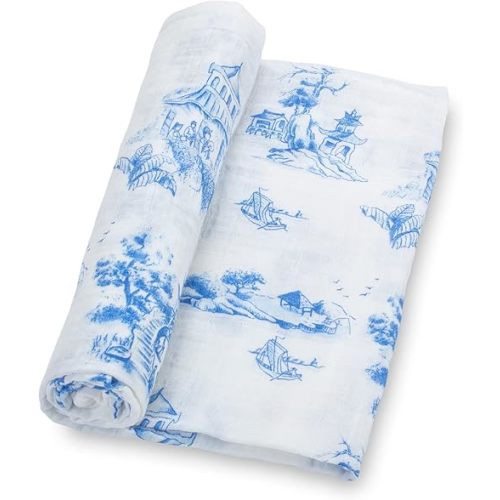 LollyBanks Swaddle Blanket, 100% Cotton Muslin Swaddle Blankets for Boys and Girls, Large 47 x 47 Inches Baby Blanket, Soft and Breathable Newborn Receiving Blankets, Registry (Chinoiserie Print)