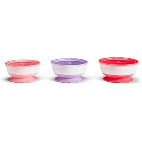 Munchkin Stay Put Munchkin Suction Baby Bowls with Lids - Dishes for Babies and Toddlers, Self-Feeding Bowl Set for Kids 6+ Months, 3 Pack, Pink/Purple