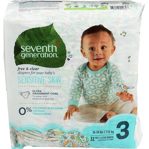 Seventh Generation Baby Diapers for Sensitive Skin, Animal Prints, Size 3, 31 Count