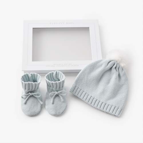 Pale Blue Knit Hat & Booties Gift Set