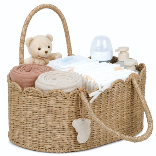 YANGQIHOME Diaper Caddy Organizer, Seagrass Nursery Baby Basket for Baby Essentials, Scalloped Wicker Diaper Caddy, Baby Shower Gifts (MeadowNest)