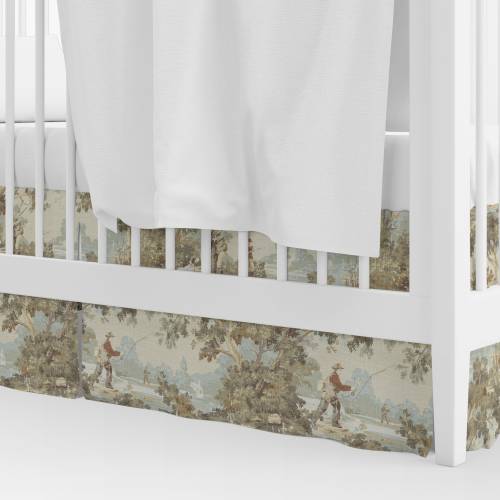 Tailored Crib Skirt in Avondale Vintage Sportsman Toile- Hunting, Fishing