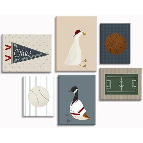 Sports Nursery Wall Art Decor Vintage Boys Room Canvas Pictures Baseball Sport Wall Decor Toddler Boys Basketball Poster Nursery Goose Prints Artwork for Kids Bedroom 12x16 Inch Wrapped Canvas Set of 6