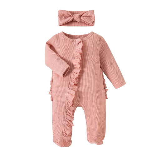 3-6 Months Baby Girl Clothes 0-3 Months Baby Girl Clothes Girl Footies Romper Solid Color Frills Baby Jumpsuit Zip Up Onesie Clothes Headband Pink