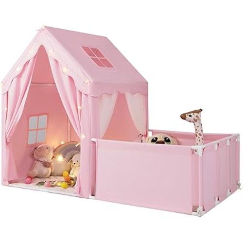 Costzon 2 in 1 Kids Play Tent, Indoor Large Toddler Pretend Playhouse w/Playpen, Door Curtains, Viewing Windows, Star Lights & Washable Cotton Mat, Teepee Tent for Kids Aged 3+ Years Old (Pink)