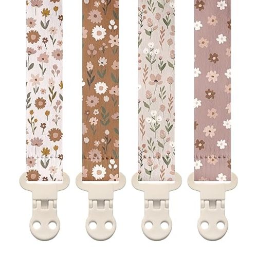 Stadela Baby Pacifier Clip Holder - Girl or Boy Unisex 4 Pack Gift Set – Boho Modern Neutral Floral Beige Yellow Brown Colors (Flora)