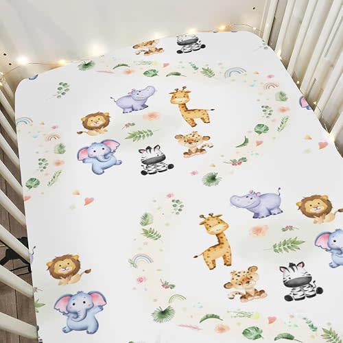 Cute Safari Animals Tropical Leaves Flowers Baby Crib Sheets for Boy Girl 28"x52" Jungle Animal Soft Snug Fitted Crib Mattress Cover Zoo Rainbow Baby Sheet for Standard Crib & Toddler Bed Mattress