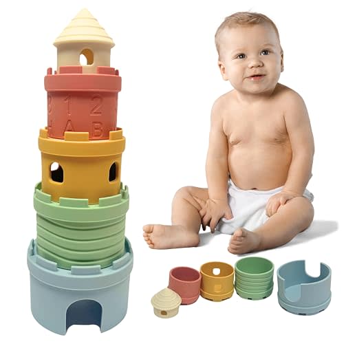 Maru Lifestyle Castle Stacking Tower & Nesting Cups Baby Toys - 5-Piece Silicone Teething & Bathing Set - Fun, Educational & Early Learning Gift for Babies 6+ Months - BPA Free, Soft & Dishwasher Safe