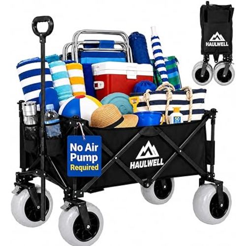 Beach Wagon with Big Wheels for Sand | Beach Cart for Sand | Collapsible Heavy Duty Beach Wagon for Kids, Camping & Outdoor | All Terrain Folding Cart | Haulwell | Black
