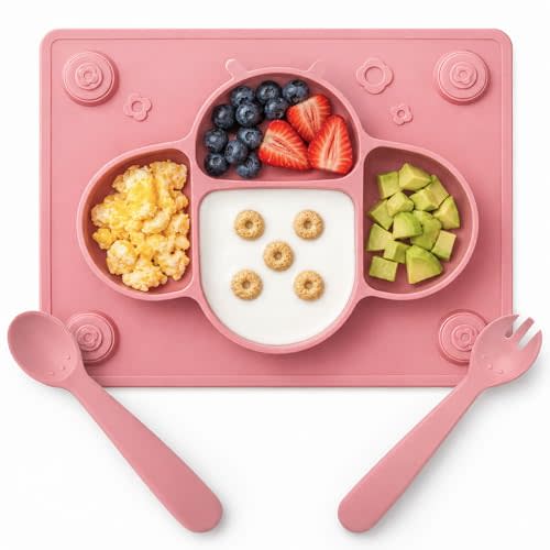 ROCCED Suction Plates for Baby Placemat Spoon Fork Set for Toddlers, Silicone Baby Plates with Suction Baby Dishes for Kids Plates-pale mauve