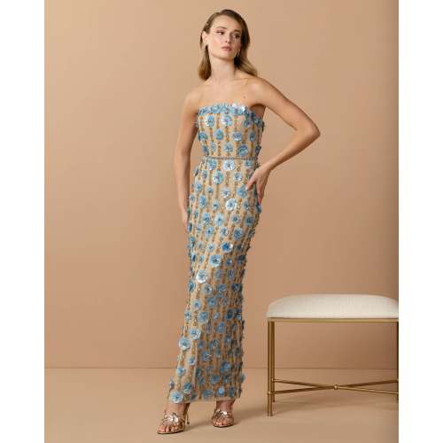 Beige Strapless 3D Floral Embellished Dress