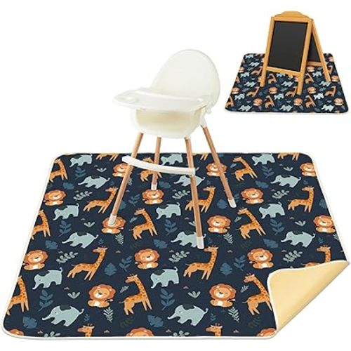 Baby Splat Mat for Under High Chair 51 x 51 Inch Large Waterproof High Chair Mat with Non Slip Bottom Food Catcher for Highchair Boy Girl Mat for Floor Machine Washable, Dark Blue Giraffe